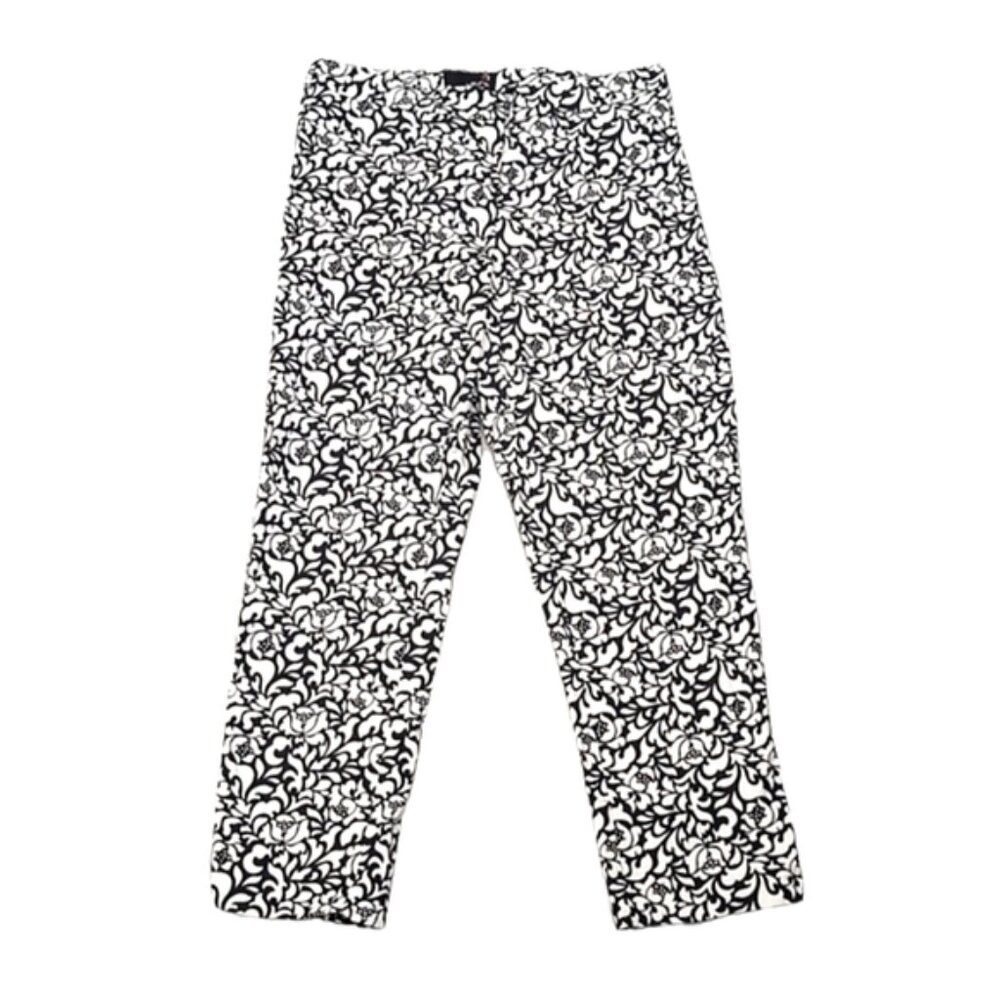 Laura Cropped Pants Womens Size 10 Black White Floral Slim Ankle Summer Cotton